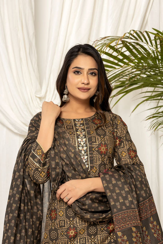 Brown Gotta Patti Work Pure Cotton Straight Kurta Pant with Dupatta