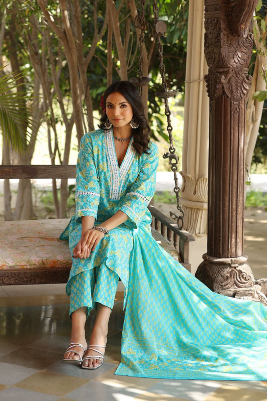 Sea Green Floral Printed Pure Cotton A-line Kurta Pant with Dupatta