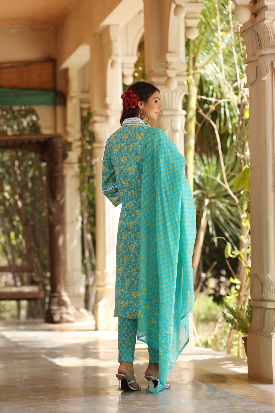 Sea Green Floral Printed Pure Cotton A-line Kurta Pant with Dupatta
