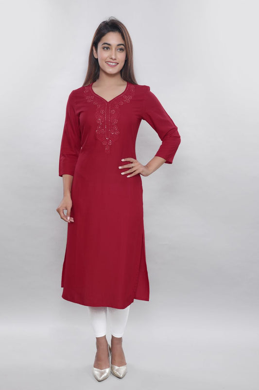 Maroon Embroidered Rayon Straight Kurta
