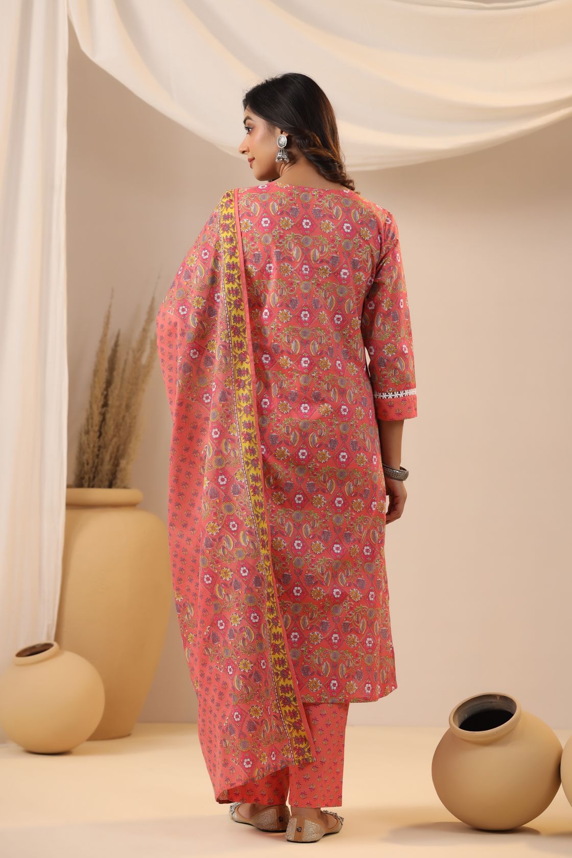 Peach Floral Printed Pure Cotton A-line Kurta Pant with Dupatta