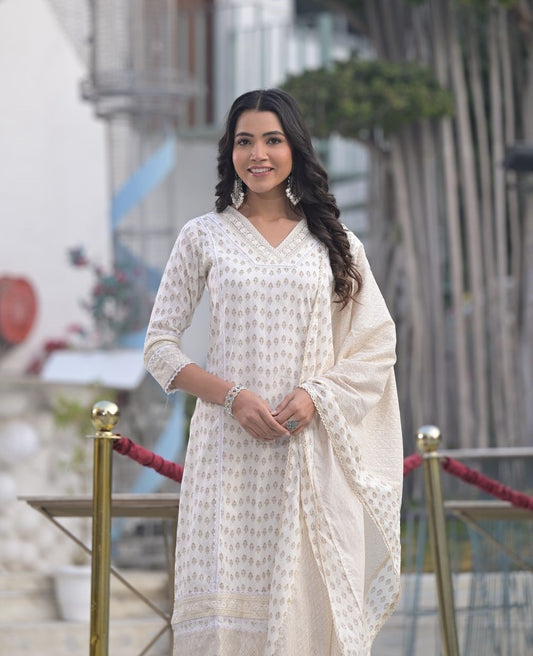 Beige Lace work Pure Cotton Straight Kurta Pant with Dupatta