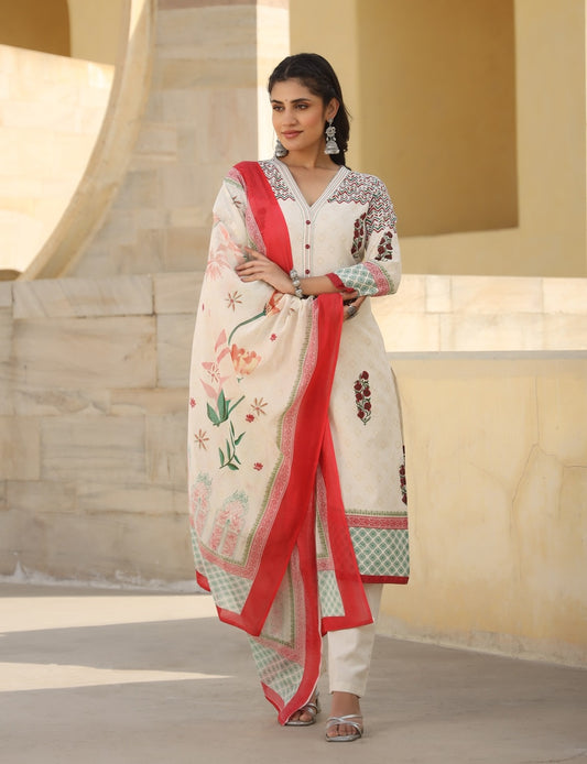 Off White Block Printed Pure Cotton Straight Kurta Pant with Dupatta