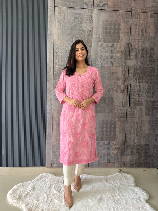 Handmade Lucknawi Chikankari Embroidered Pink Pure Mulmul Cotton Kurti