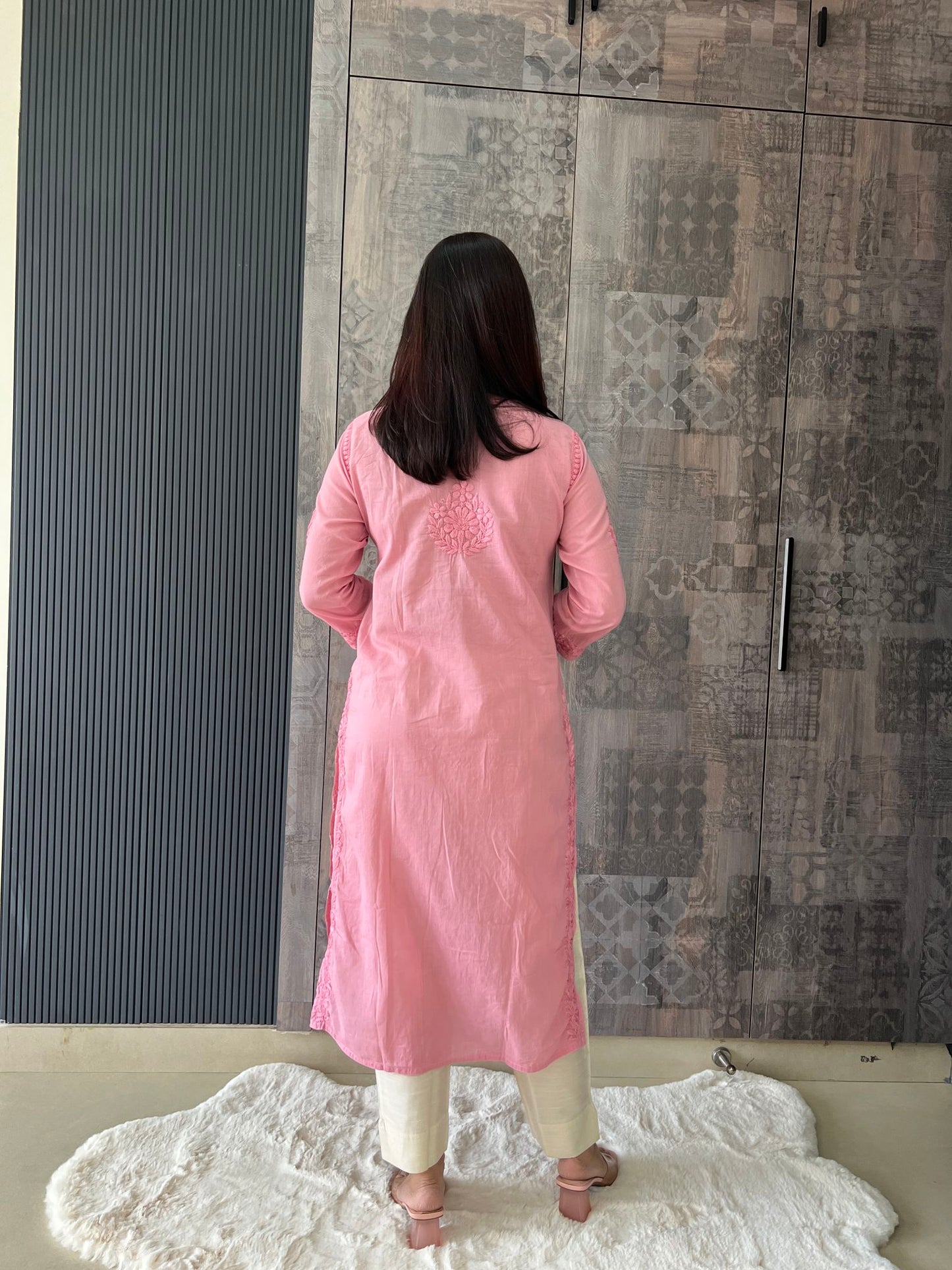 Handmade Lucknawi Chikankari Embroidered Pink Pure Mulmul Cotton Kurti