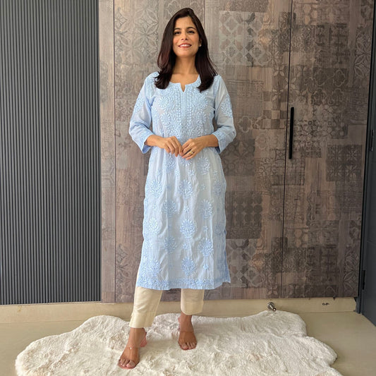 Handmade Lucknawi Chikankari Embroidered Pastel Sky Blue Pure Mulmul Cotton Kurti