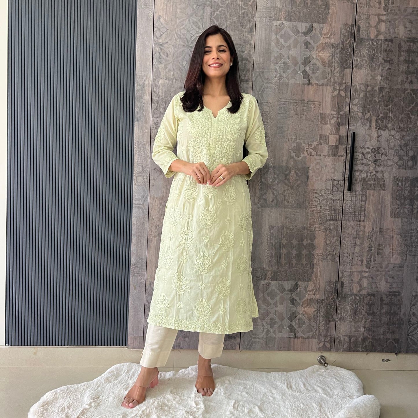 Handmade Lucknawi Chikankari Embroidered Pastel Green Pure Mulmul Cotton Kurti