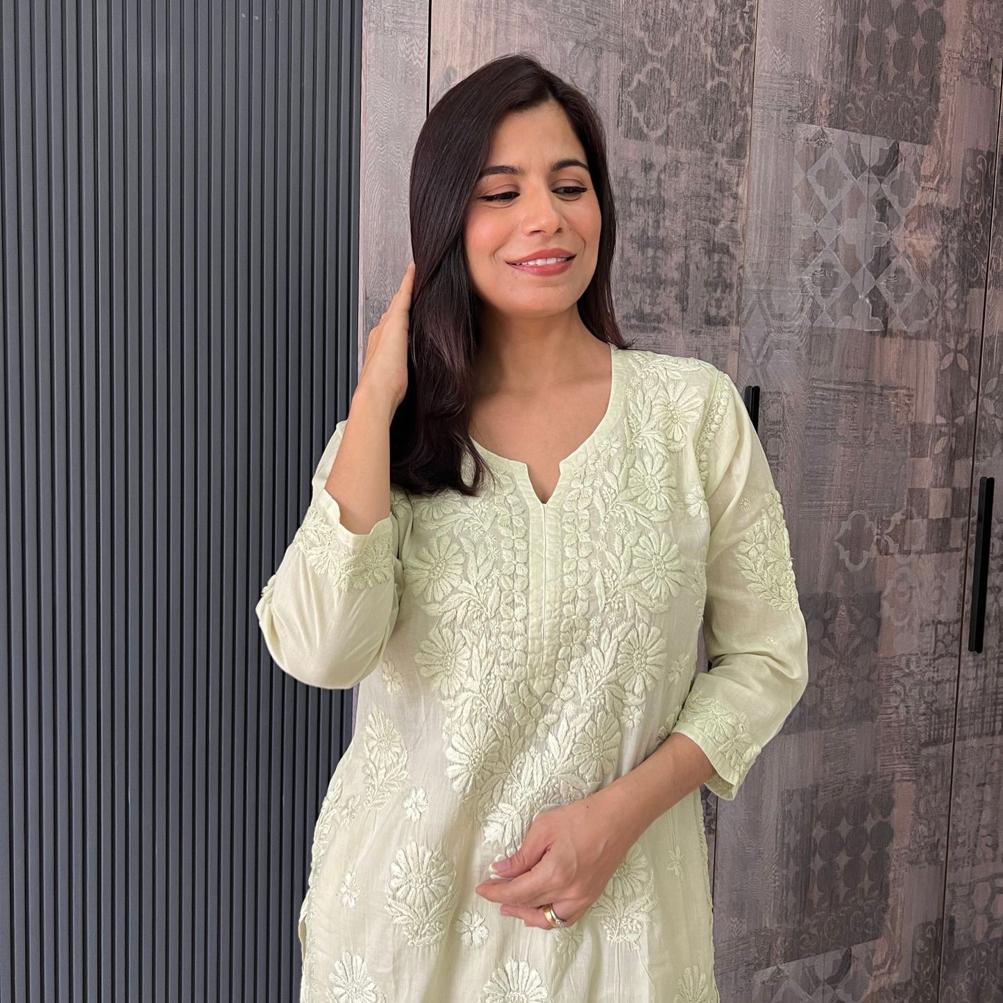 Handmade Lucknawi Chikankari Embroidered Pastel Green Pure Mulmul Cotton Kurti