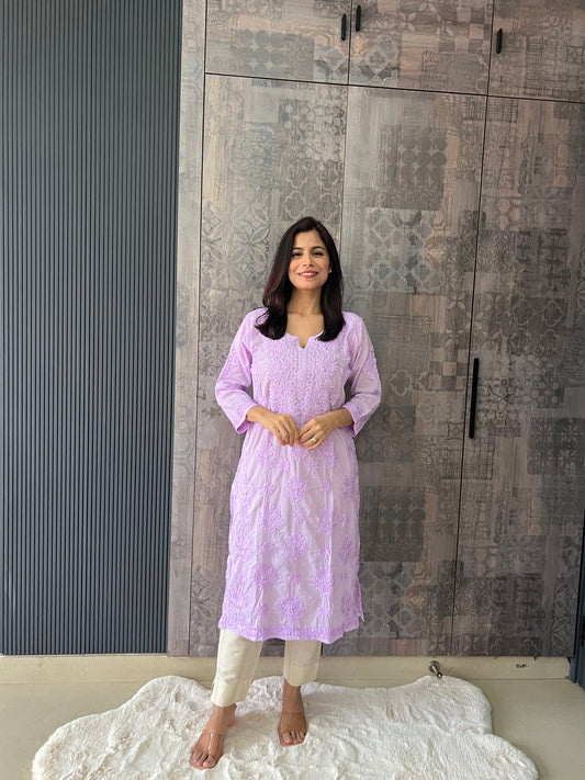 Handmade Lucknawi Chikankari Embroidered Purple Pure Mulmul Cotton Kurti