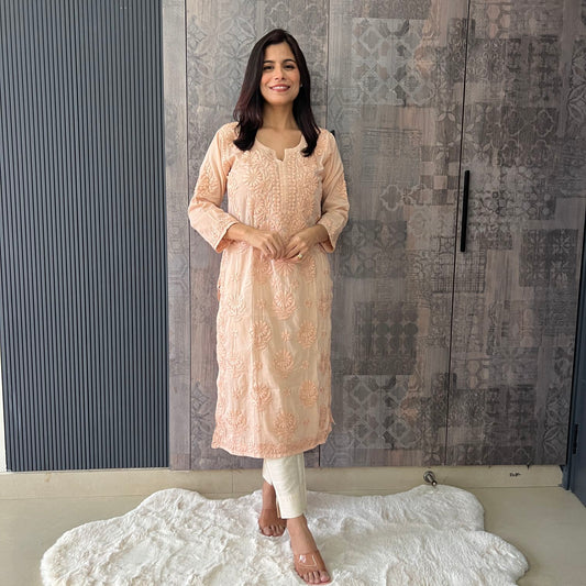 Handmade Lucknawi Chikankari Embroidered Beige Pure Mulmul Cotton Kurti