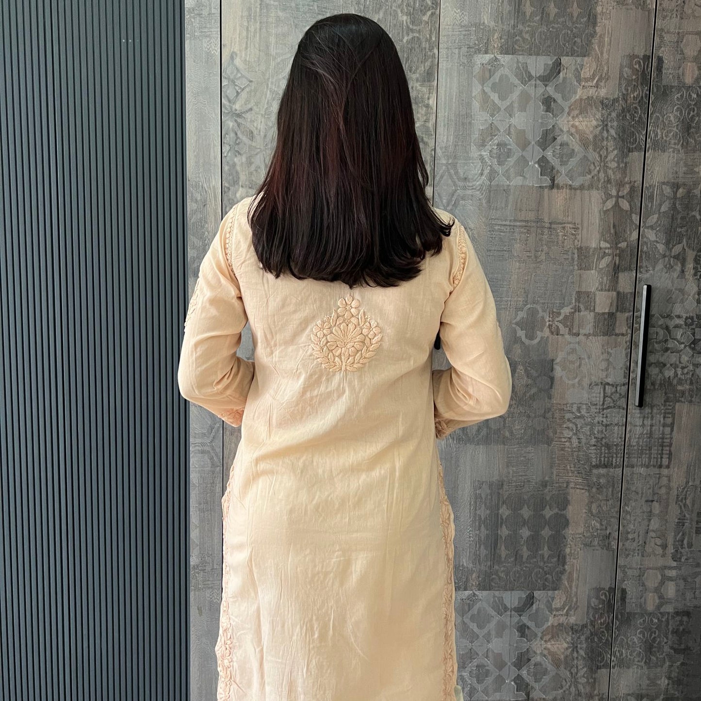 Handmade Lucknawi Chikankari Embroidered Beige Pure Mulmul Cotton Kurti