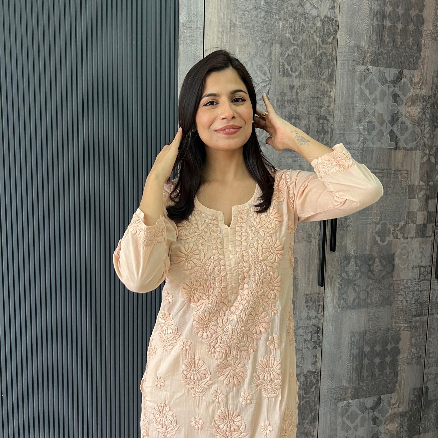 Handmade Lucknawi Chikankari Embroidered Beige Pure Mulmul Cotton Kurti