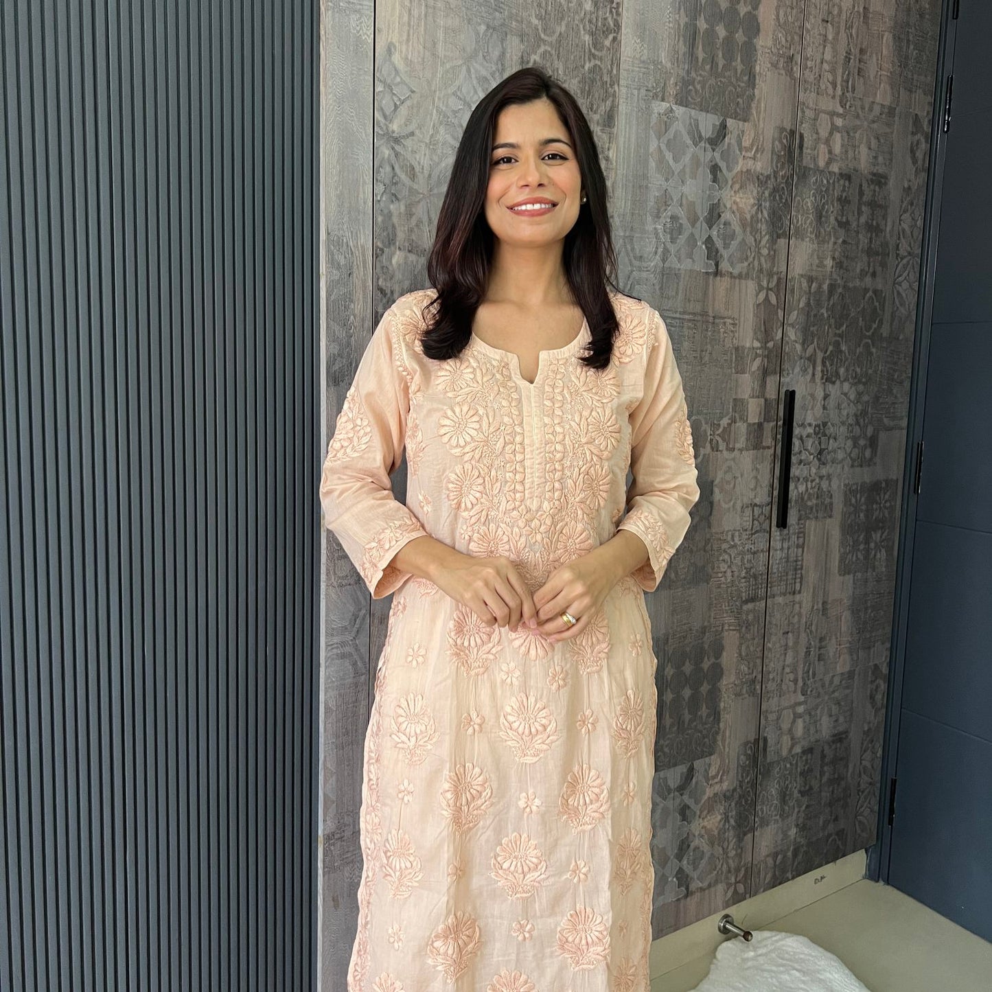 Handmade Lucknawi Chikankari Embroidered Beige Pure Mulmul Cotton Kurti