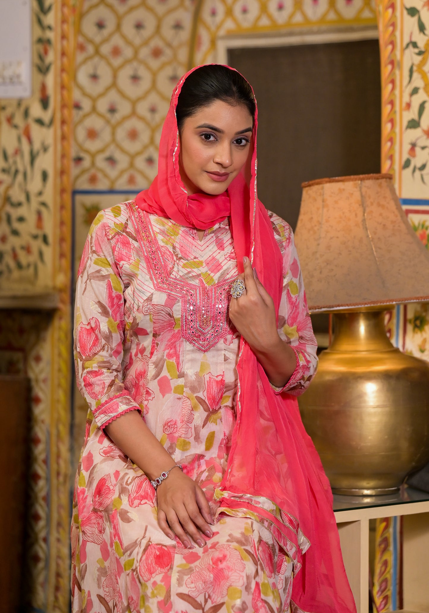 Peach Floral Printed Mulmul Cotton Anarkali Kurta Pant with Chiffon Dupatta