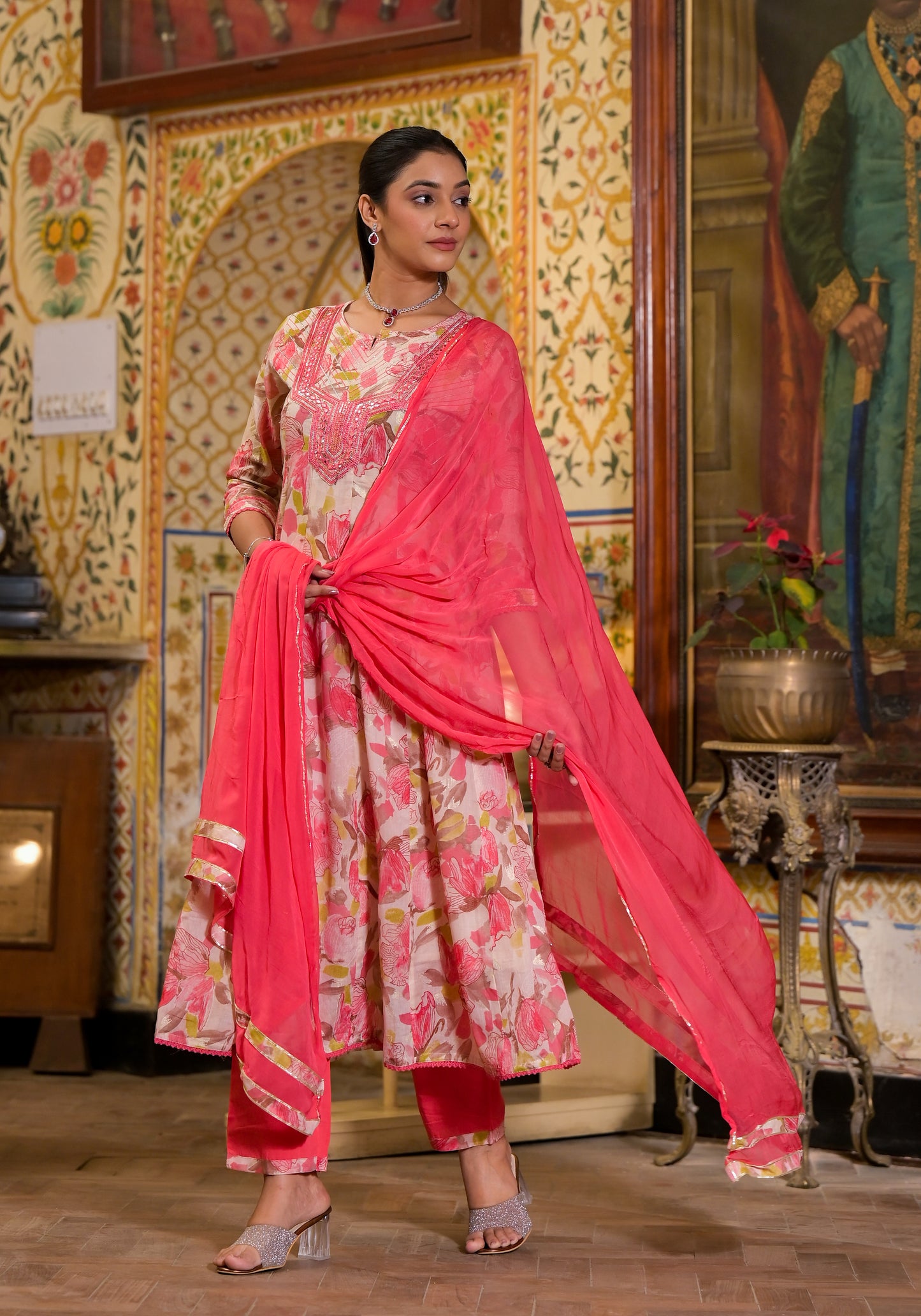 Peach Floral Printed Mulmul Cotton Anarkali Kurta Pant with Chiffon Dupatta