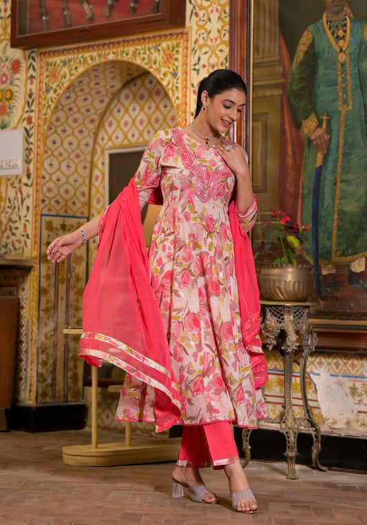 Peach Floral Printed Mulmul Cotton Anarkali Kurta Pant with Chiffon Dupatta