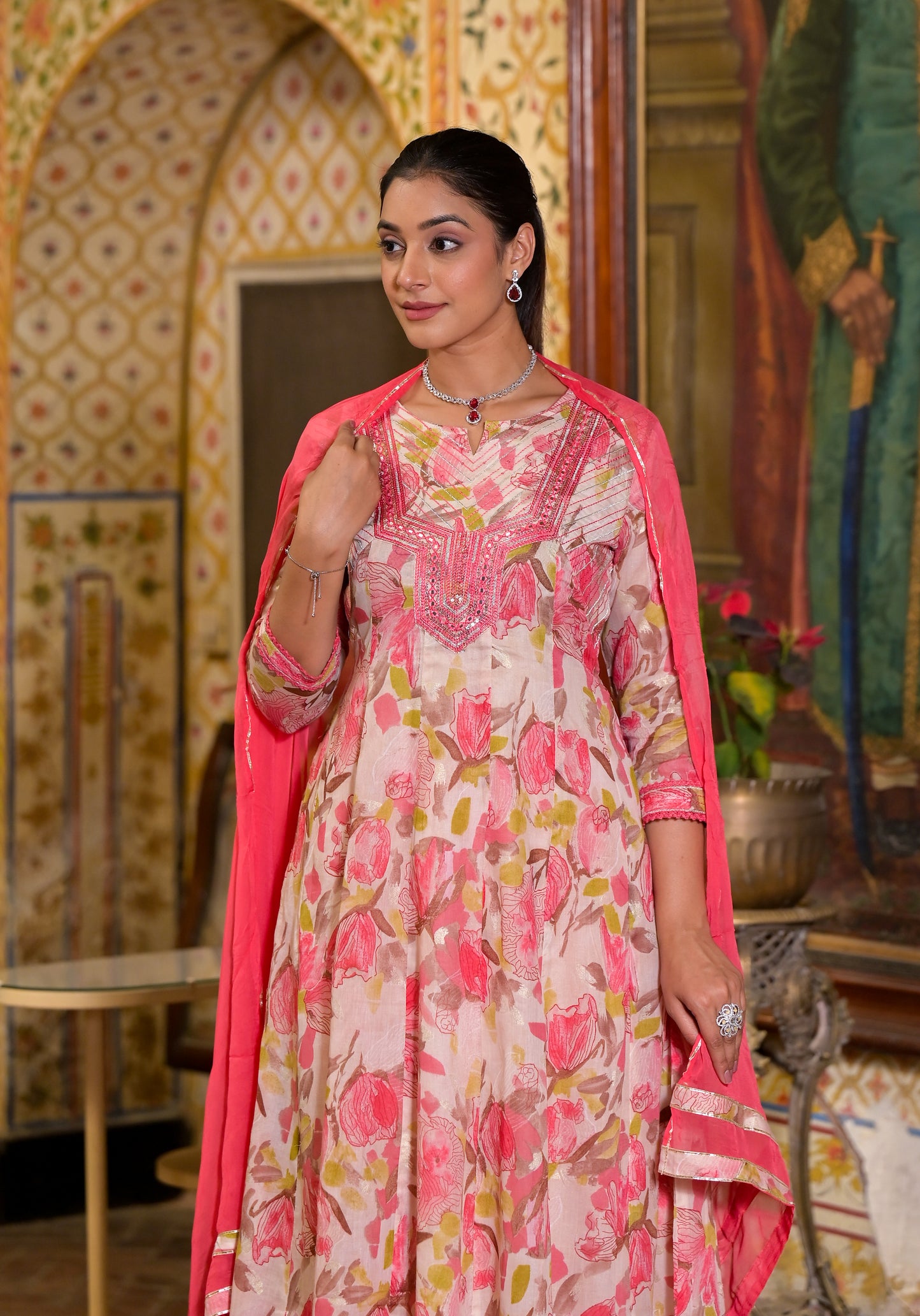 Peach Floral Printed Mulmul Cotton Anarkali Kurta Pant with Chiffon Dupatta