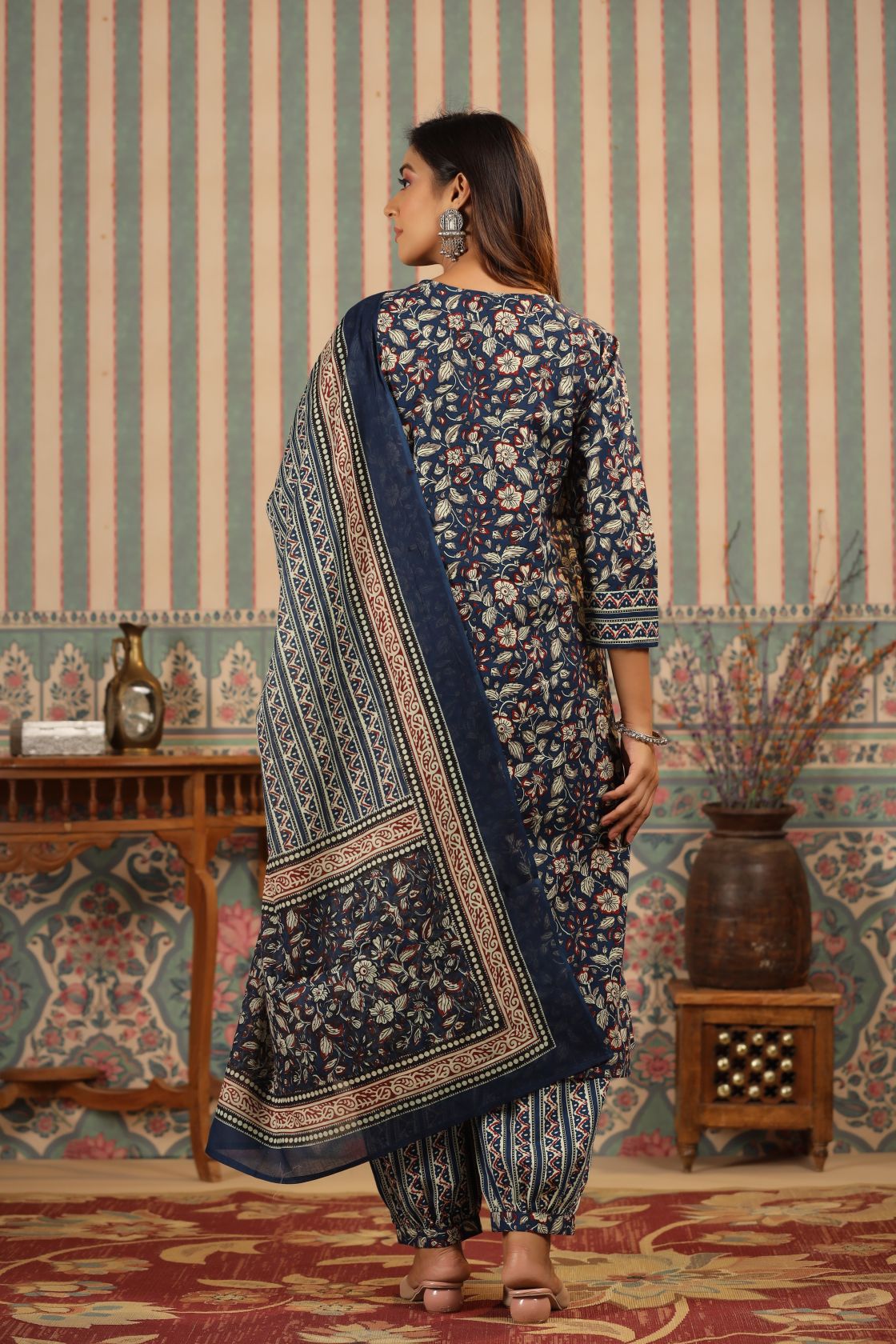 Blue Kalamkari Printed Pure Cotton Straight Kurta Salwar with Dupatta