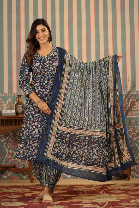 Blue Kalamkari Printed Pure Cotton Straight Kurta Salwar with Dupatta