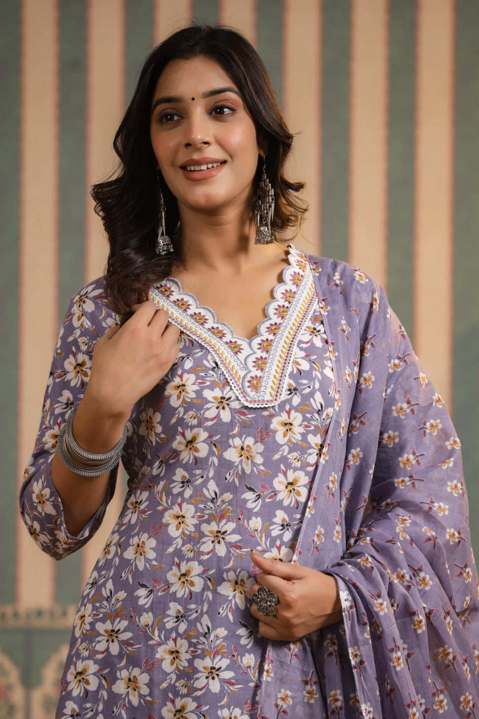 Greyish Purple Floral Printed & Embroidered Pure Cotton Straight Kurta Pant with Dupatta