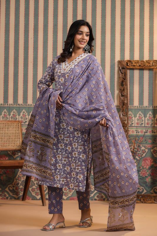 Greyish Purple Floral Printed & Embroidered Pure Cotton Straight Kurta Pant with Dupatta