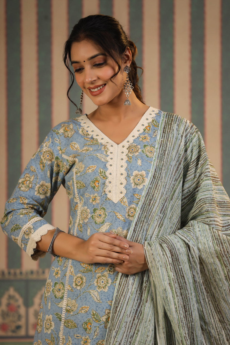 Light-Blue Floral Printed Pure Cotton Lace Straight Kurta Pant with Cotton Dupatta