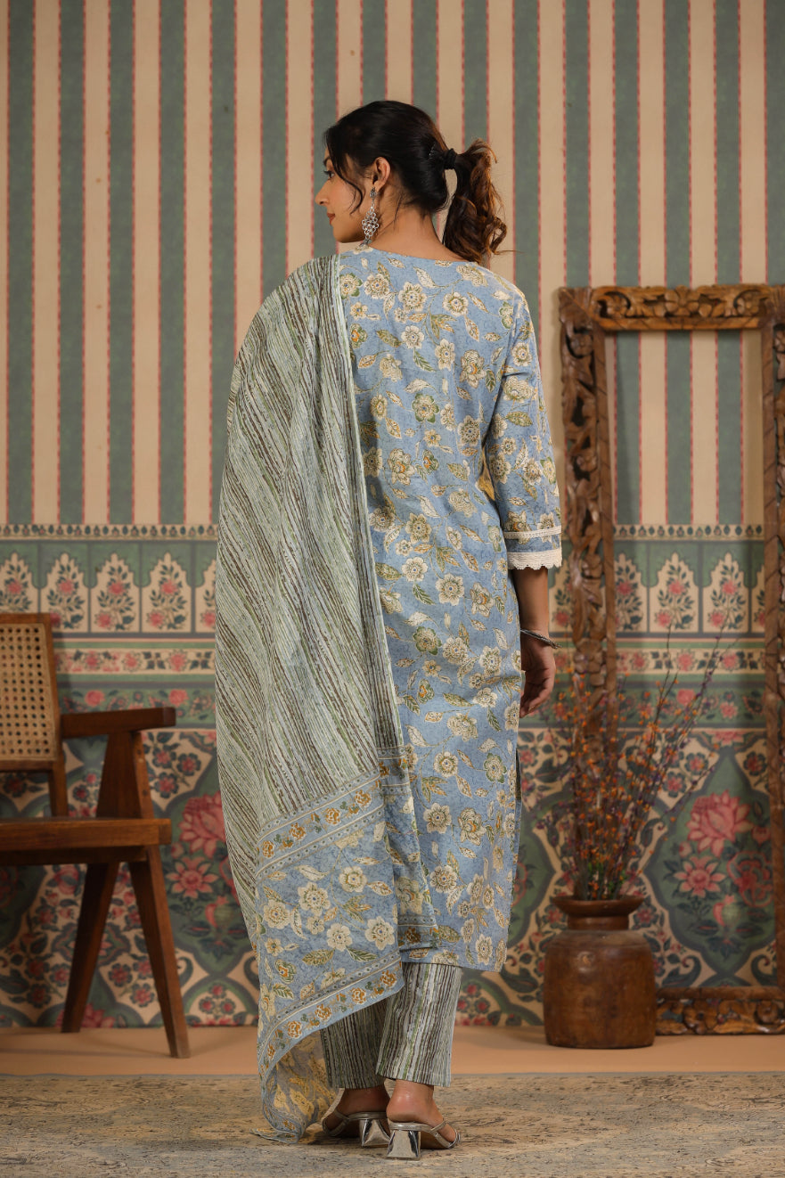Light-Blue Floral Printed Pure Cotton Lace Straight Kurta Pant with Cotton Dupatta
