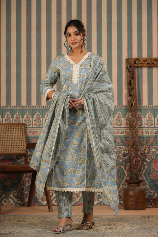 Light-Blue Floral Printed Pure Cotton Lace Straight Kurta Pant with Cotton Dupatta