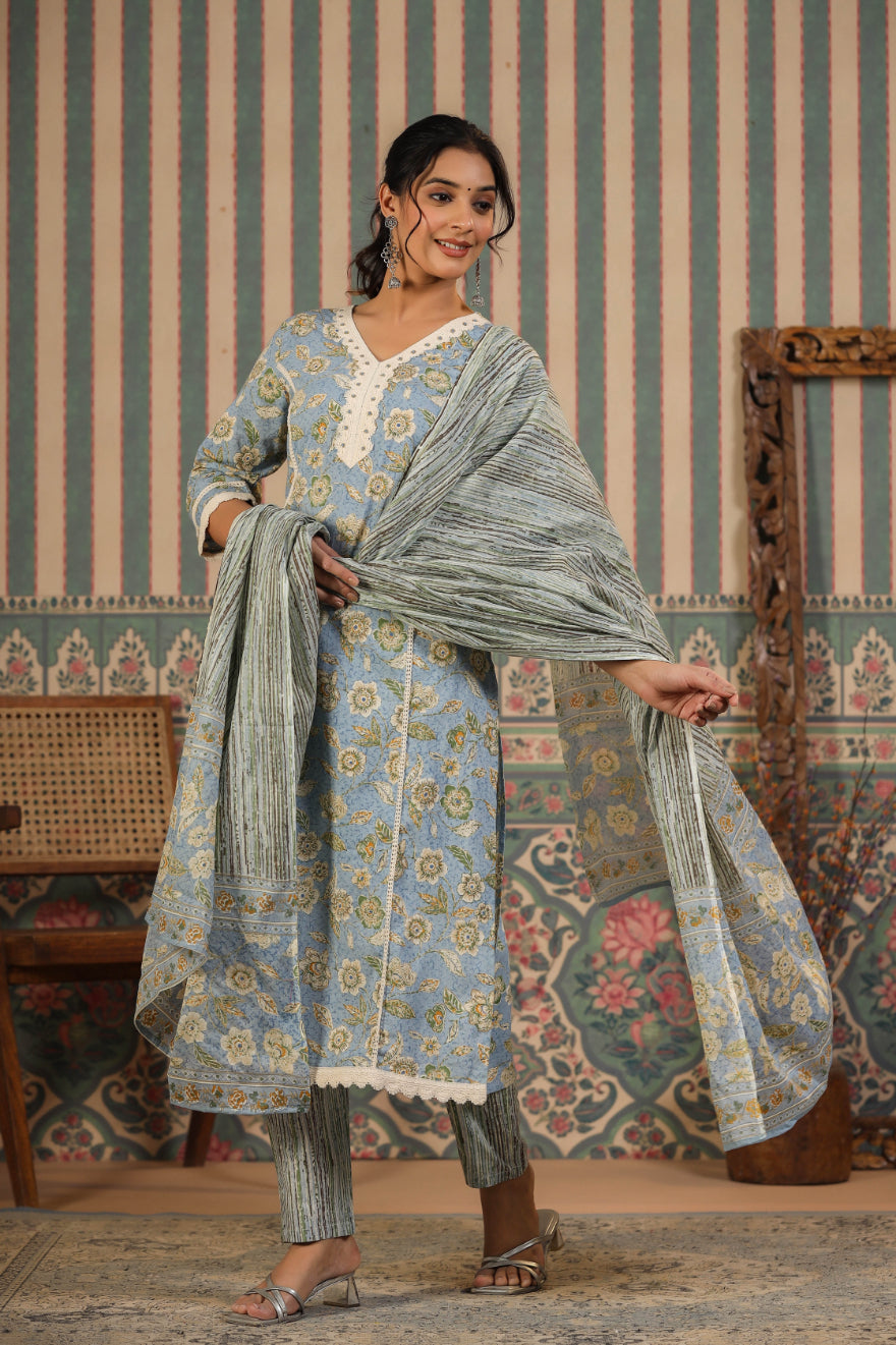 Light-Blue Floral Printed Pure Cotton Lace Straight Kurta Pant with Cotton Dupatta