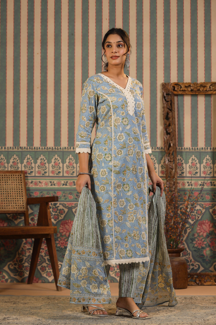 Light-Blue Floral Printed Pure Cotton Lace Straight Kurta Pant with Cotton Dupatta