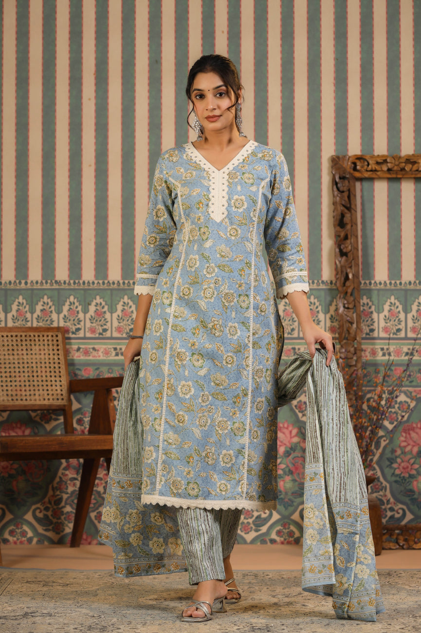 Light-Blue Floral Printed Pure Cotton Lace Straight Kurta Pant with Cotton Dupatta