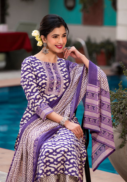 Purple Ethnic Printed Pure Cotton Straight Kurta Pant with Dupatta