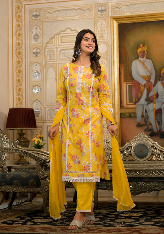 Yellow Floral Printed Pure Cotton Lace Straight Kurta Pant with Chiffon Dupatta