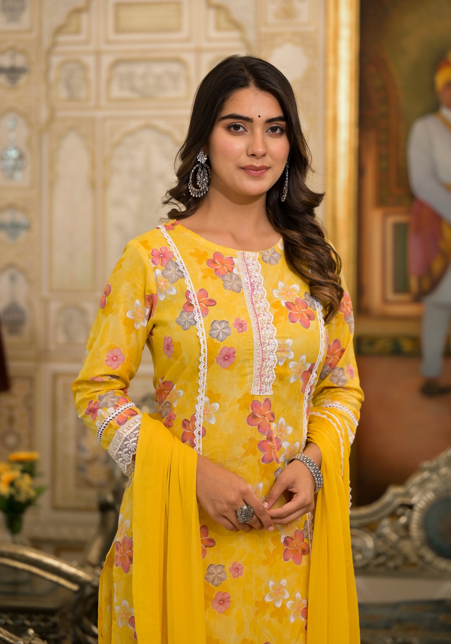 Yellow Floral Printed Pure Cotton Lace Straight Kurta Pant with Chiffon Dupatta