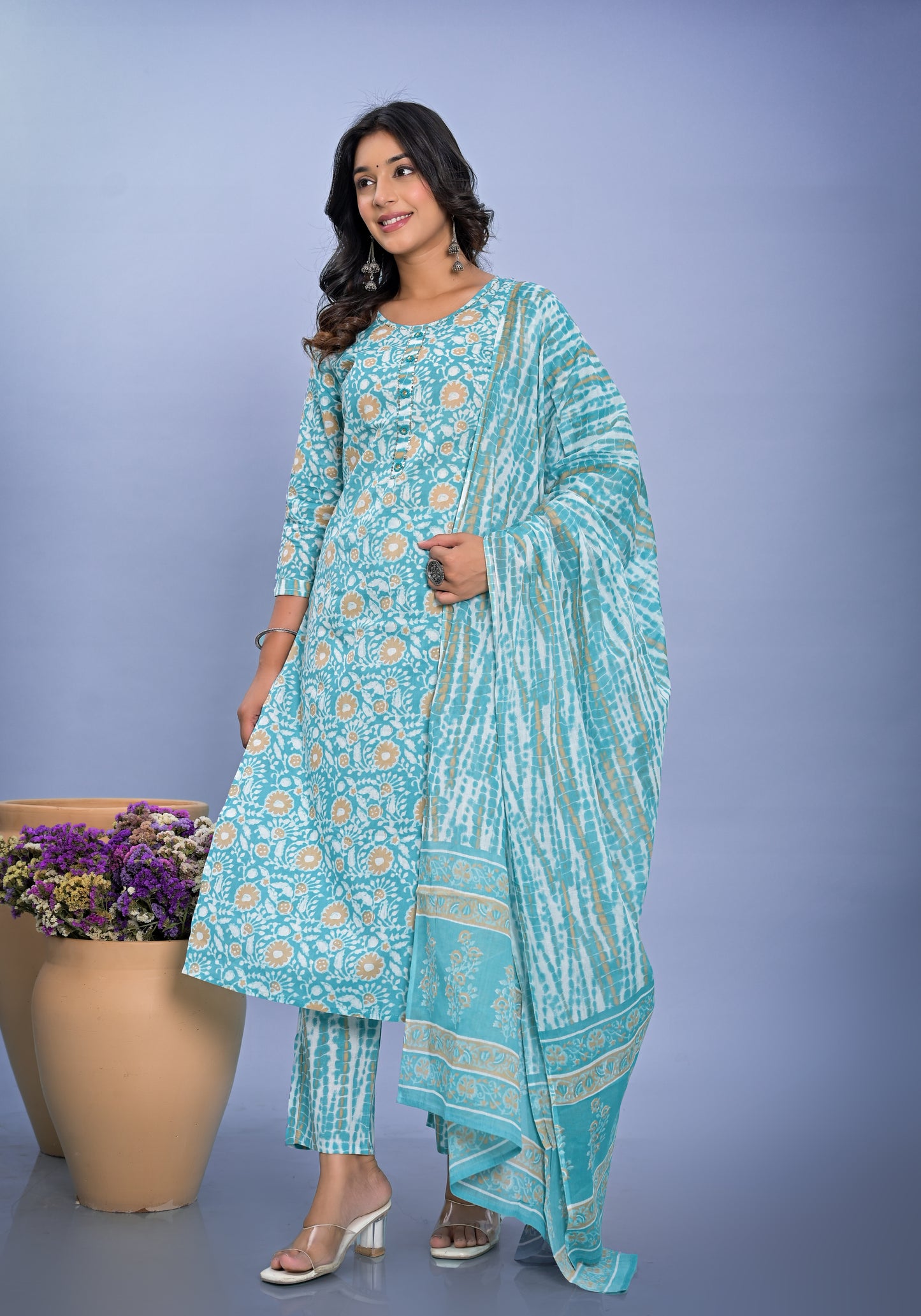 Cyan Blue Sequin Embroidered Floral Pure Cotton Straight Kurta Pant with Dupatta