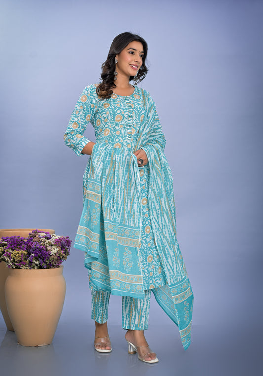 Cyan Blue Sequin Embroidered Floral Pure Cotton Straight Kurta Pant with Dupatta
