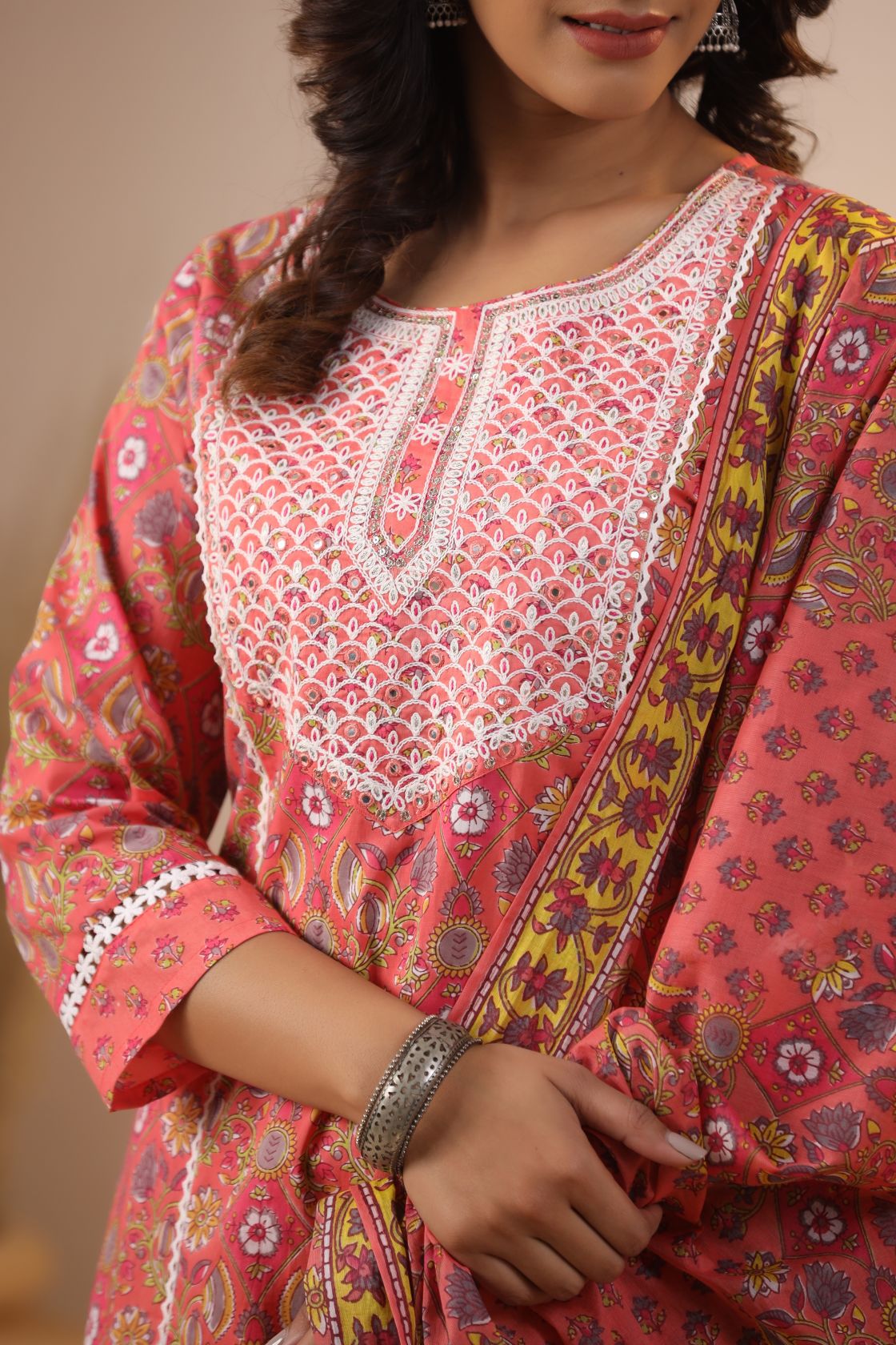 Peach Floral Printed Pure Cotton A-line Kurta Pant with Dupatta