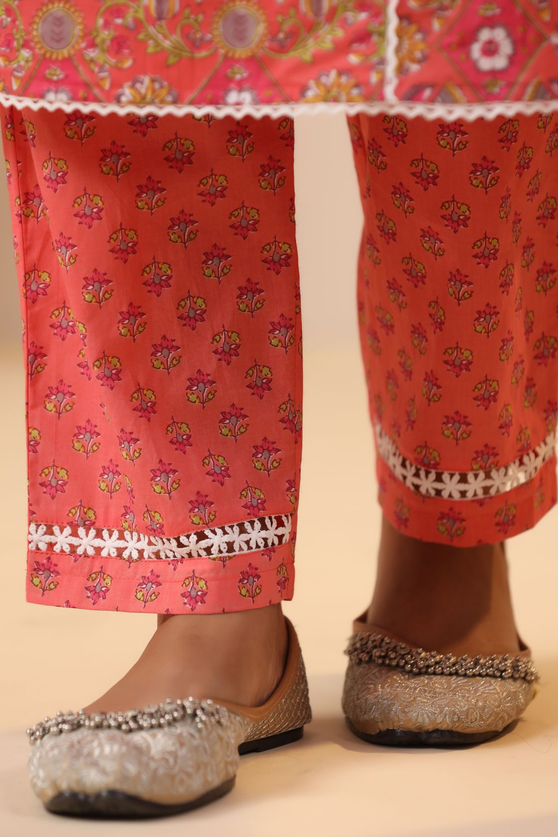 Peach Floral Printed Pure Cotton A-line Kurta Pant with Dupatta