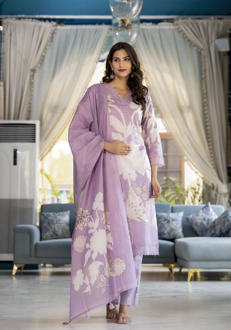 Purple Floral Printed Cotton Straight Kurta Pant with Dupatta