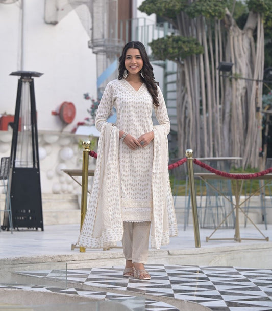 Beige Lace work Pure Cotton Straight Kurta Pant with Dupatta