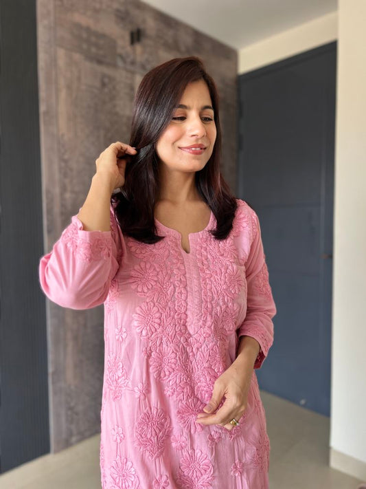 Handmade Lucknawi Chikankari Embroidered Pink Pure Mulmul Cotton Kurti