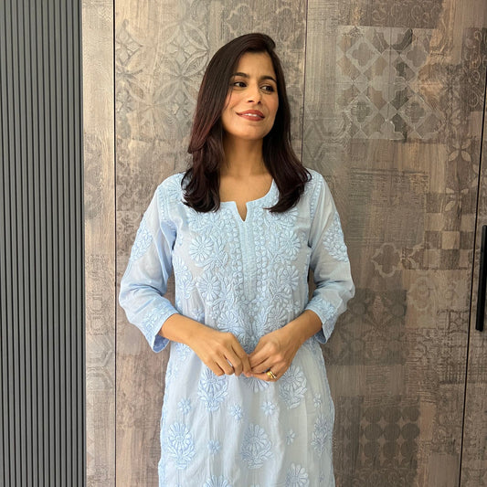 Handmade Lucknawi Chikankari Embroidered Pastel Sky Blue Pure Mulmul Cotton Kurti