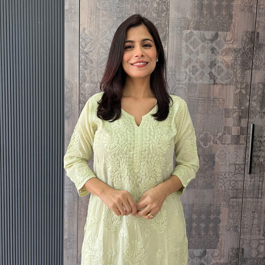 Handmade Lucknawi Chikankari Embroidered Pastel Green Pure Mulmul Cotton Kurti