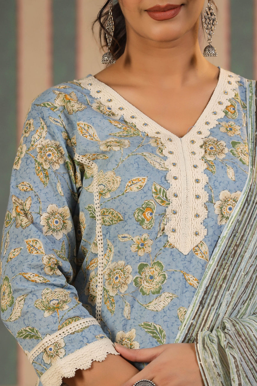Light-Blue Floral Printed Pure Cotton Lace Straight Kurta Pant with Cotton Dupatta
